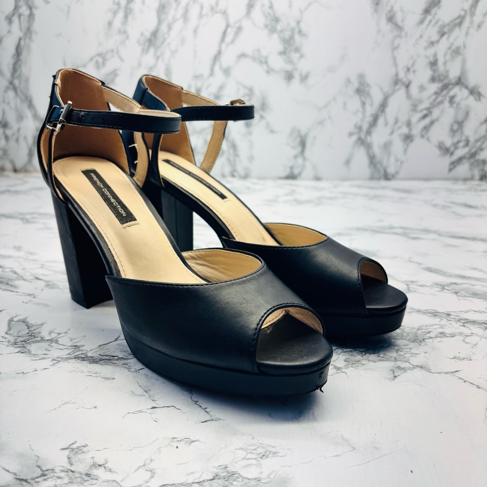 French Connection Black Peep-Toe Ankle Strap Block Heels 8.5